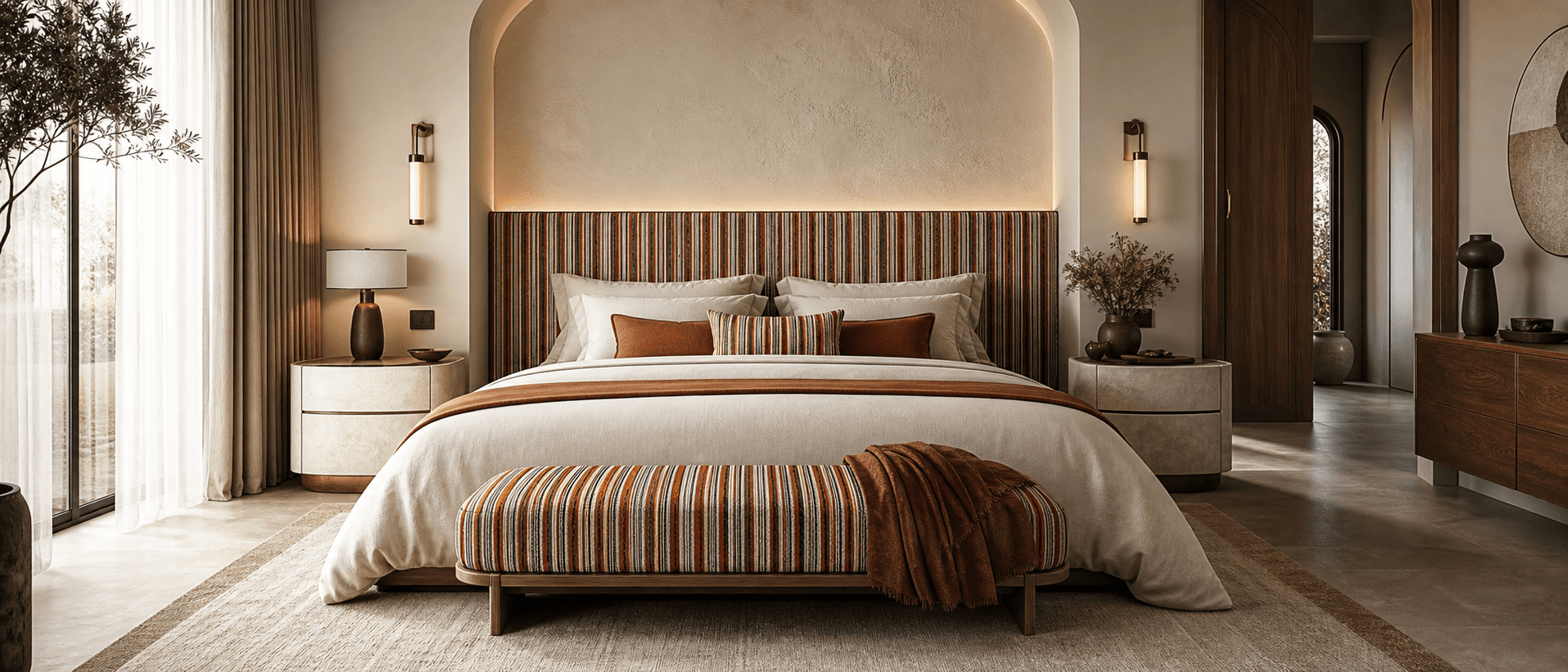 Pushkar bedroom scene with striped headboard and bench upholstery