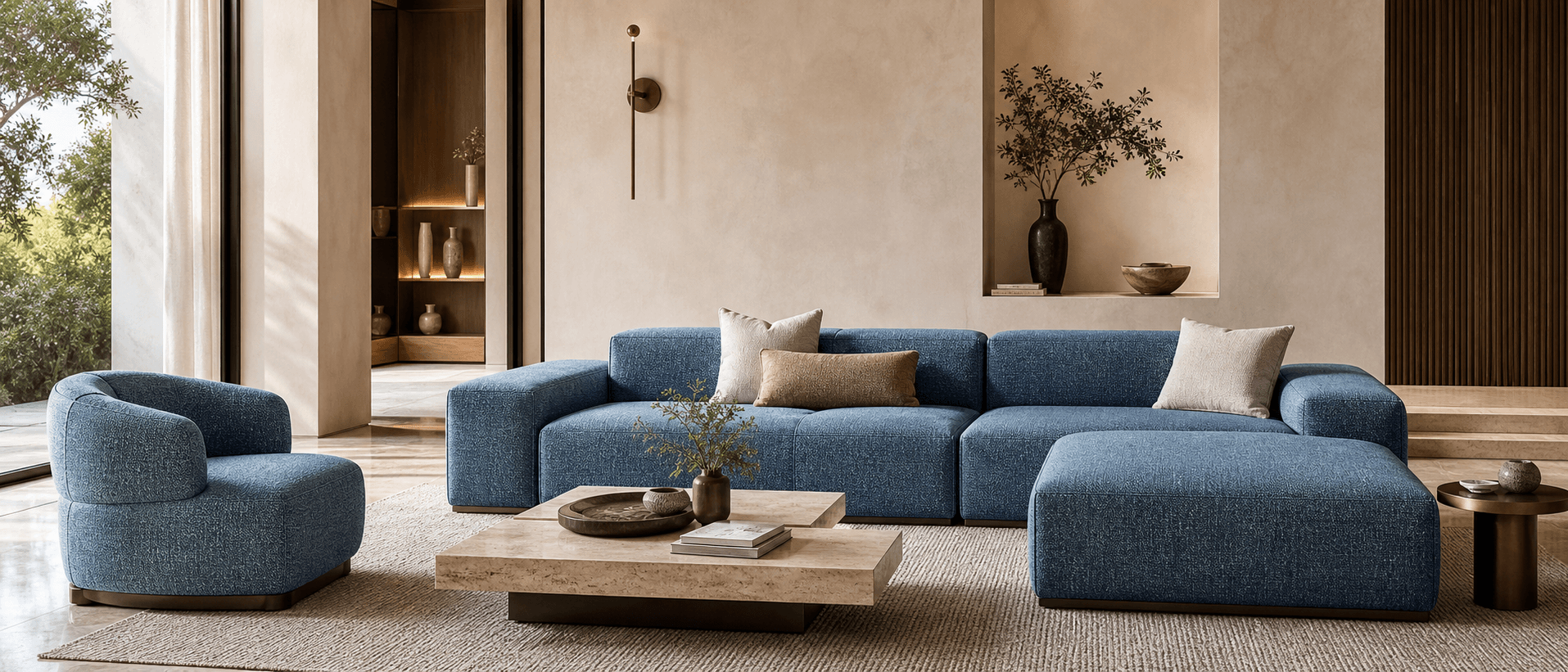 Pushkar living room scene with mineral blue woven upholstery