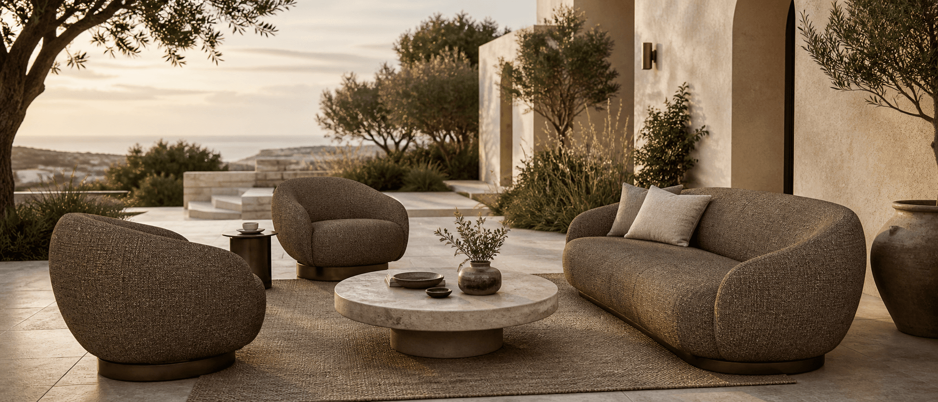 Pushkar outdoor lounge scene with warm woven upholstery